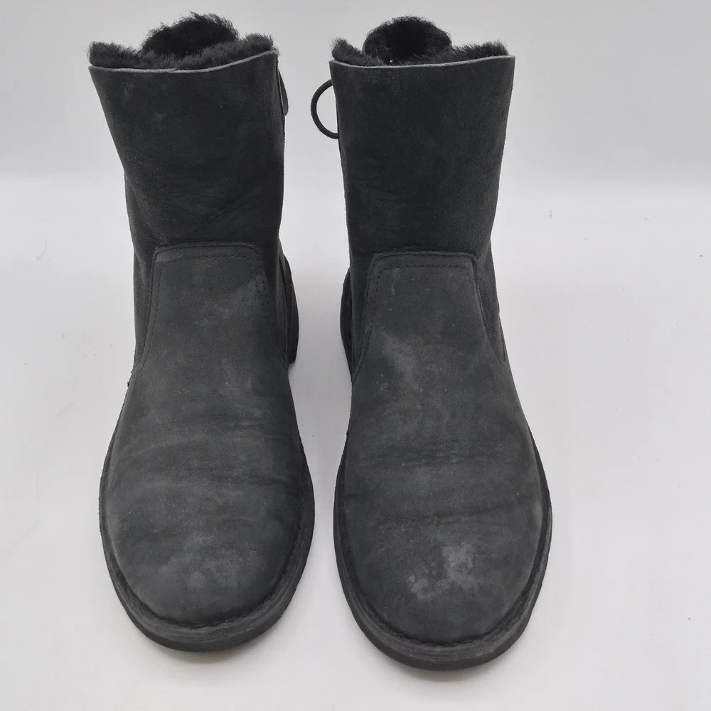 UGG Boots Womens Size‎ 8.5 Black Suede Shearling Lined Tie Back Ankle 1019164